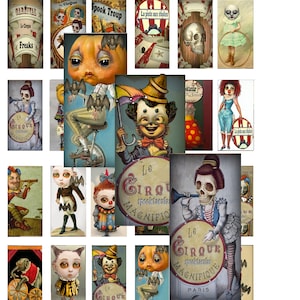 May include: A set of 16 digital printable Halloween themed tiles featuring vintage circus illustrations. The tiles feature images of a pumpkin, a skull, a clown, a skeleton, and other circus characters. The tiles are perfect for creating a spooky and whimsical Halloween atmosphere.