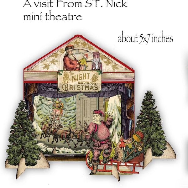 Théâtre miniature à imprimer Une visite du théâtre Saint Nick et personnages vintage avec instructions idéales pour la décoration de Noël et le bricolage