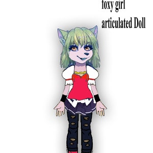 Printable paper doll fox girl furry adopt articulated puppet craft sheet collage sheet