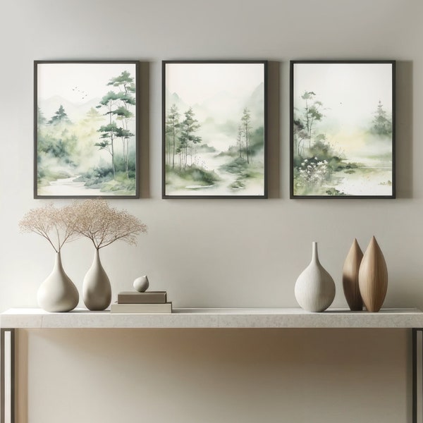 Japandi Wall Art,Nature Wall Art,Boho Wall Art,3 Piece Wall Art,Green Wall Art,Printable Wall Art,Calming Wall Art,Forest Wall Art,Above Bed