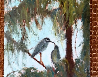 Original Small Oil Painting of Mexico Green Herons