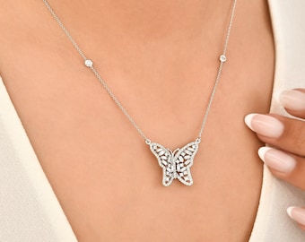 14 K White Gold Butterfly Necklace 18 inches With 1.25 Carat Diamond