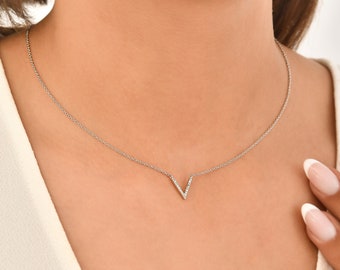 14K White Gold V Letter Necklace With Diamonds