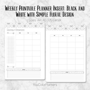 Inserção de planejador mensal para impressão: preto e branco com design floral simples nos tamanhos A4, A5 e US Letter