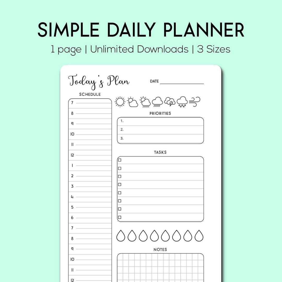 Simple Black and White Printable Daily Planner Insert With Water ...