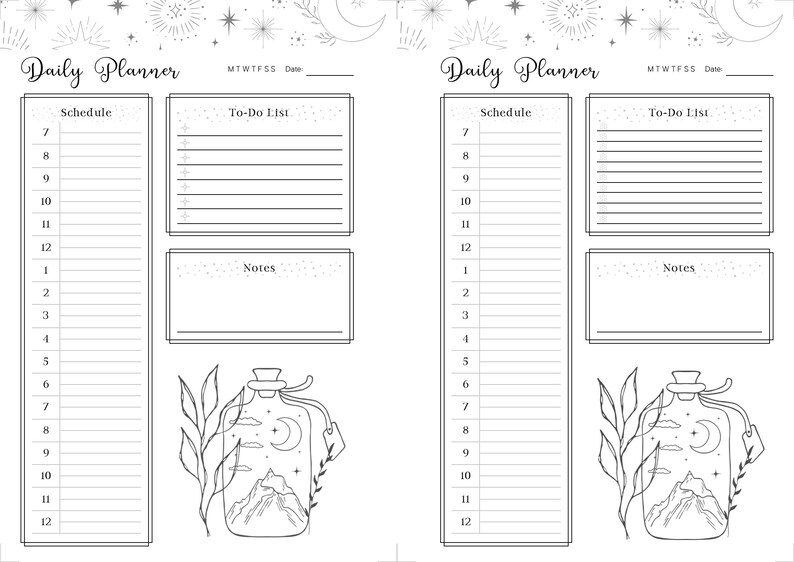 Printable Black and White Daily Planner Bundle With Starry-themed ...