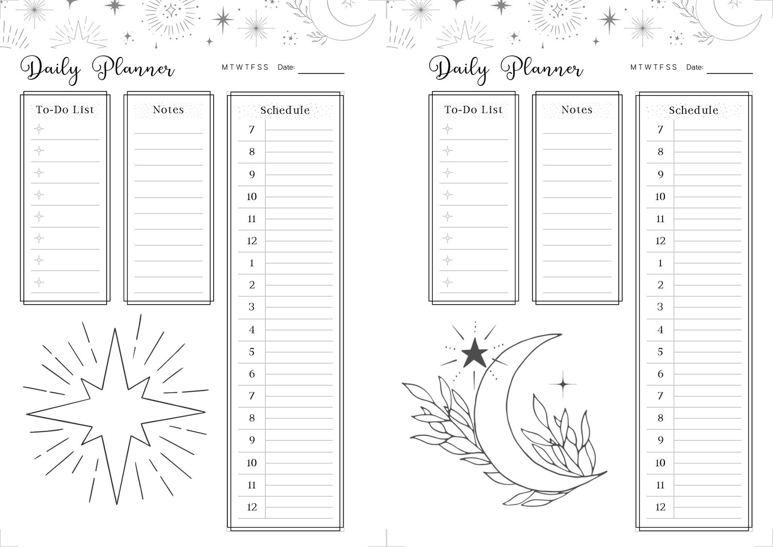 Printable Black and White Daily Planner Bundle With Starry-themed ...