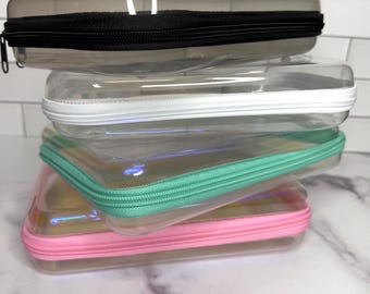 Hard Zipper Pencil Case: Clear, Teal, Pink or Black Storage