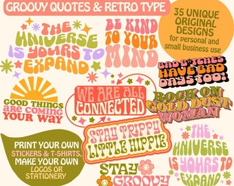 Groovy SVG Bundle, Digital Download Hippie Svg Clipart & Cut Files per Cricut, Grafica estetica vintage retrò anni '70, Font retrò, Frase SVG