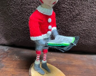 Christmas Elf Caroler on wood Base Needle Felted Figurine