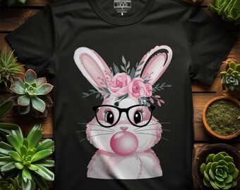 Unisex Female Bubble Gum Bunny with Flowers T-Shirt | Bunny T-Shirt | Bunny Shirt | Easter Tee | Easter Shirt | Bunny T-Shirt | Bunny Shirt