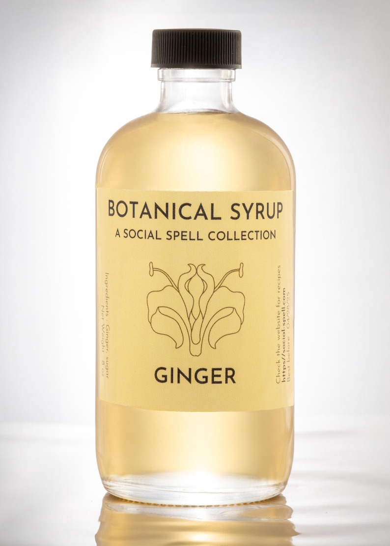 Natural ginger syrup bottle with black cap on pastel teal background; label reads Botanical Syrup Ginger