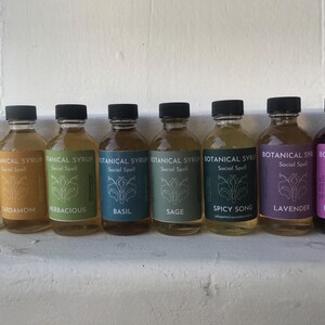 Natural ginger syrup bottle with black cap on pastel teal background; label reads Botanical Syrup Ginger