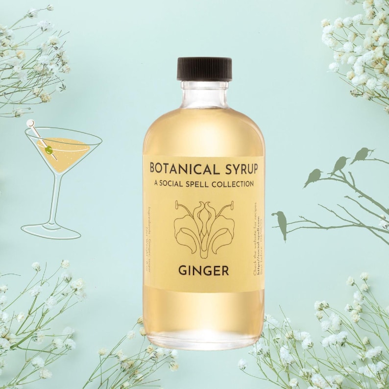Natural ginger syrup bottle with black cap on pastel teal background; label reads Botanical Syrup Ginger