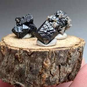 Set of 3 Brookite + Smoky Quartz, Magnet Cove, Arkansas, Old Stock, + wood stand