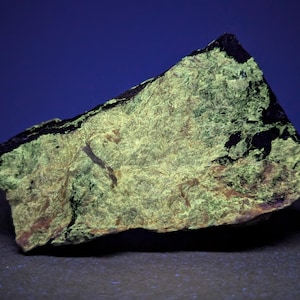 May include: A rough, triangular mineral specimen featuring a vibrant, fluorescent lime-green surface texture with intricate, fibrous patterns. The rock displays deep black, jagged edges and subtle brownish-red mineral inclusions across its face.