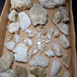 May include: A collection of raw quartz crystals in various sizes and shapes, some with a milky white color and others with a clear, glassy appearance. The crystals are displayed in a cardboard box.