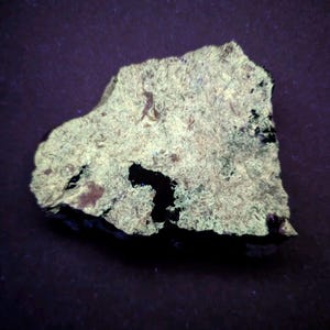 May include: A close-up of a rock fragment with a textured, light green surface and dark black areas. The rock is irregularly shaped and appears to be illuminated with a bright light against a dark purple background.