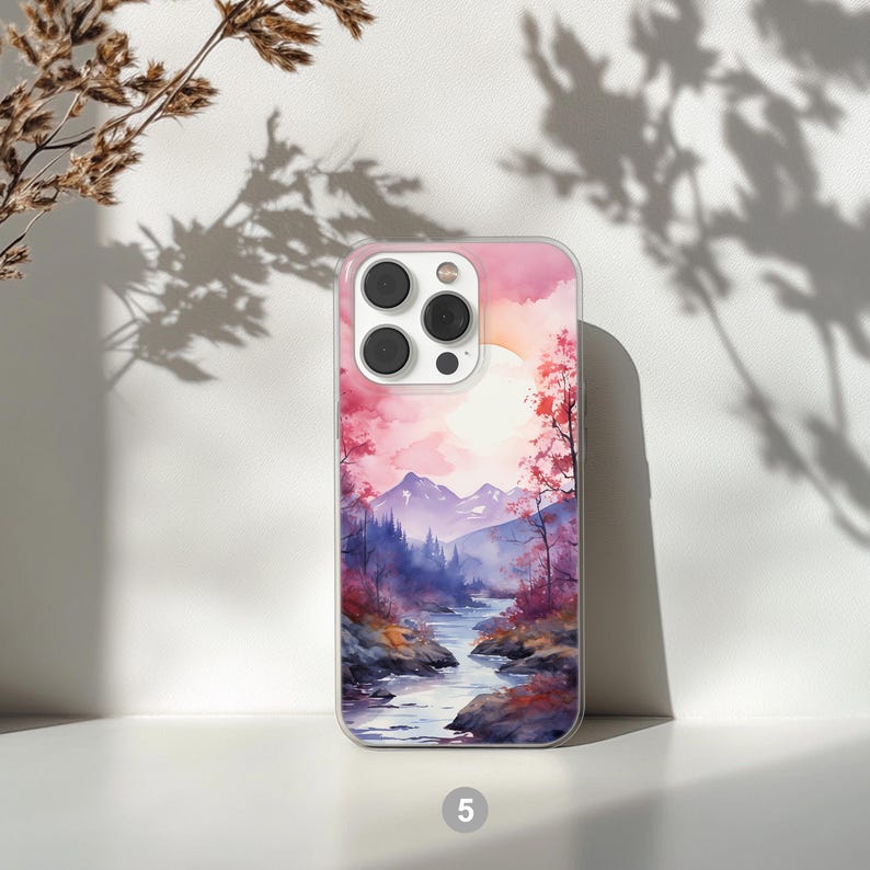 Mountain landscape phone case featuring scenic nature design with peaks, trees, and sky. Aesthetic and protective case for iPhone and Samsung. Ideal for outdoor lovers, hikers, and nature enthusiasts. Durable and stylish phone cover with mountain view artwork, perfect for those who love travel, adventure, and natural beauty.