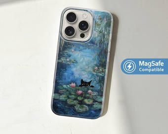 Black Cat Phone Case, MagSafe Cover for iPhone 17, 16 Pro, 15, 14, 13 Plus Max, Samsung S25, S24 – Claude Monet Art Inspired