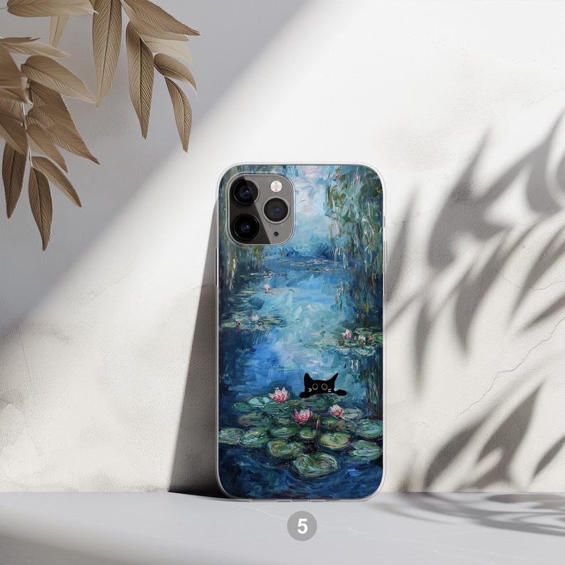 Black cat phone case featuring famous artist painting like Claude Monet and Van Gogh. Unique design blending fine art and feline charm. Perfect for cat lovers and art enthusiasts. Stylish and protective case for iPhone, Samsung, Google Pixel and other models.