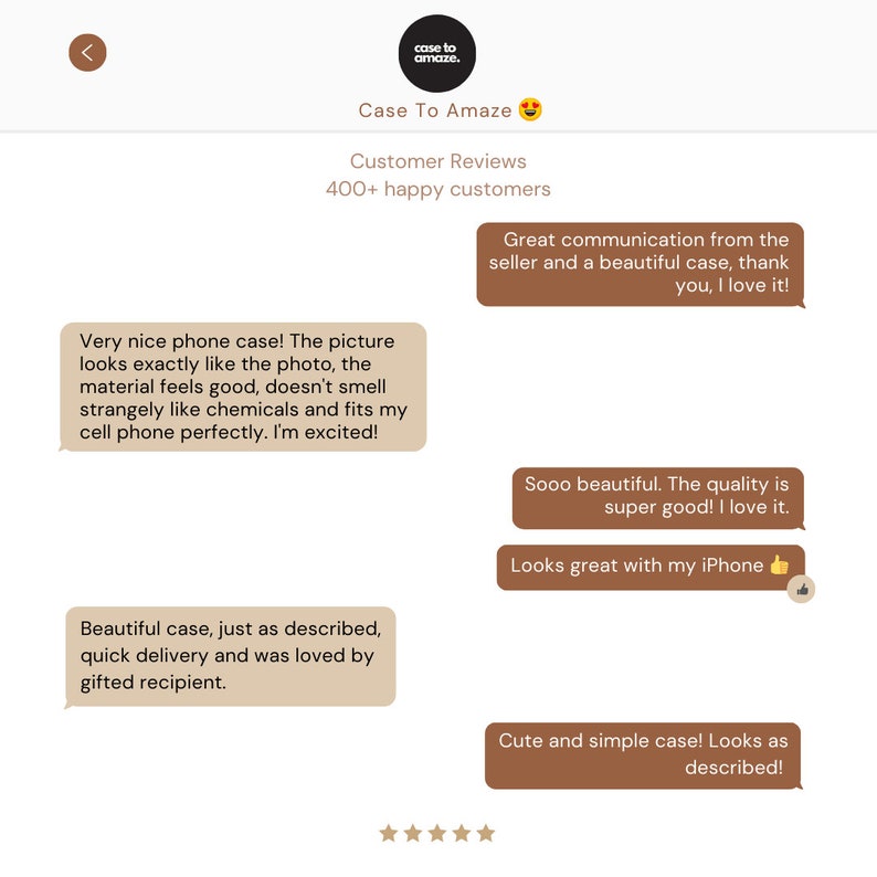 May include: Customer reviews for phone cases with positive feedback. The reviews highlight the quality, design, and customer service. The text includes phrases like "beautiful case", "super good", "looks great", and "cute and simple".