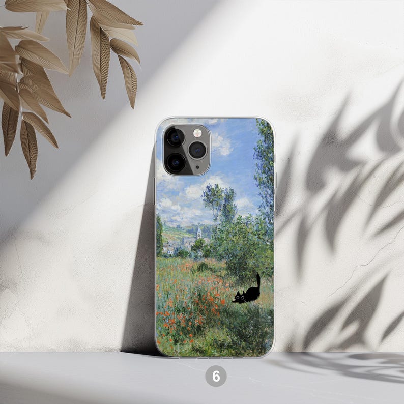 Black cat phone case featuring famous artist painting like Claude Monet and Van Gogh. Unique design blending fine art and feline charm. Perfect for cat lovers and art enthusiasts. Stylish and protective case for iPhone, Samsung, Google Pixel and other models.