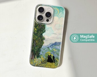 Black Cat Phone Case, MagSafe Cover for iPhone 17, 16 Pro, 15, 14, 13 Plus Max, Samsung Galaxy S25, S24 – Van Gogh Inspired Art