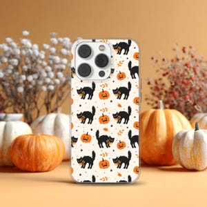 Autumn Phone Case With Black Cat and Pumpkins, Halloween Cover for iPhone 17 16 15 14 13 12 Pro Max Plus, Samsung Galaxy S25 S24 Ultra