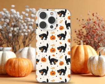 Autumn Phone Case With Black Cat and Pumpkins, Halloween Cover for iPhone 17 16 15 14 13 12 Pro Max Plus, Samsung Galaxy S26 S25 S24 Ultra