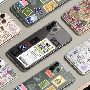 Travel Phone Case Boarding Pass or Passport Stamps Clear Cover for iPhone 16 15 14 13 12 Pro Max Plus, Samsung S25 S24 Ultra