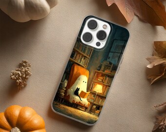 Halloween Phone Case With Ghost and Black Cat Autumn Reding Book Cover for iPhone 17 16 15 14 13 Pro Max Plus, Samsung Galaxy S26 S25 Ultra