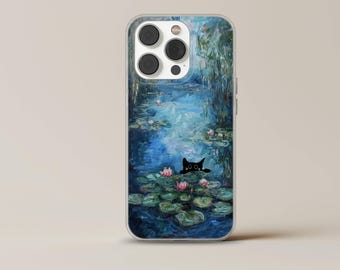 Black Cat Phone Case Claude Monet Inspired Painting Cover for iPhone 17 16 15 14 13 12 11 Pro Max, Samsung S25 S24 Plus Ultra FE, Pixel 10 9