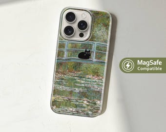 Black Cat Phone Case, MagSafe Cover for iPhone 17, 16 Pro, 15, 14, 13 Plus Max – Monet Art Inspired