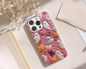 Halloween Phone Case With Ghosts and Pumpkins, Embroidery Style Autumn Cover for iPhone 17 16 15 14 13 Pro Max Plus, Samsung S26 S25 Ultra