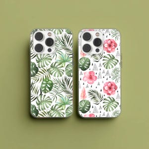 Tropical Phone Case with Hibiscus and Monstera Leaves Cover for iPhone 16 15 14 13 12 11 XR Pro Max, Samsung S25 S24 Plus Ultra FE, Pixel 9