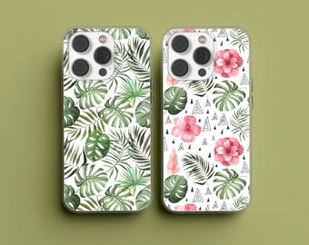 Tropical Phone Case with Hibiscus and Monstera Leaves Cover for iPhone 17 16 15 14 13 12 11 Pro Max, Samsung S25 S24 Plus Ultra FE, Pixel 9