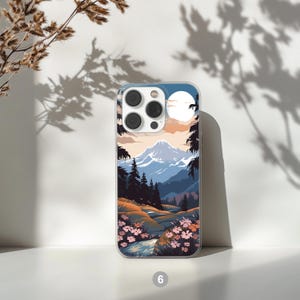 Mountain landscape phone case featuring scenic nature design with peaks, trees, and sky. Aesthetic and protective case for iPhone and Samsung. Ideal for outdoor lovers, hikers, and nature enthusiasts. Durable and stylish phone cover with mountain view artwork, perfect for those who love travel, adventure, and natural beauty.