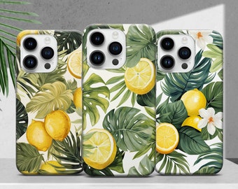 Lemon Phone Case with Monstera Leaves Tropical Cover for iPhone 17 16 15 14 13 12 11 XR Pro Max Plus, Samsung S25 S24 Ultra
