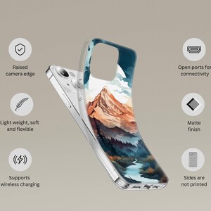 Mountain landscape phone case featuring scenic nature design with peaks, trees, and sky. Aesthetic and protective case for iPhone and Samsung. Ideal for outdoor lovers, hikers, and nature enthusiasts. Durable and stylish phone cover with mountain view artwork, perfect for those who love travel, adventure, and natural beauty.