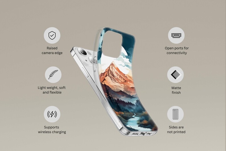 Mountain landscape phone case featuring scenic nature design with peaks, trees, and sky. Aesthetic and protective case for iPhone and Samsung. Ideal for outdoor lovers, hikers, and nature enthusiasts. Durable and stylish phone cover with mountain view artwork, perfect for those who love travel, adventure, and natural beauty.