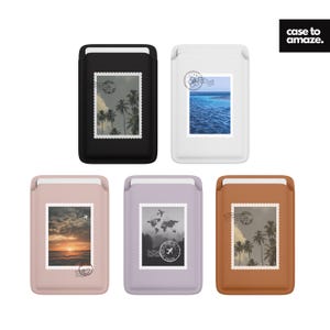 May include: A collection of five phone card holders in various colors: black, white, light pink, lavender, and brown. Each holder features a postage stamp design with travel-themed imagery, including palm trees, ocean views, and world maps.