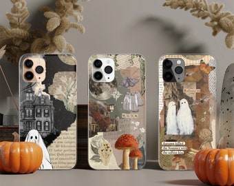 May include: Three clear phone cases featuring collage-style designs. The left case shows a haunted house and a ghost. The middle case displays a moon, moths, ghosts, and mushrooms. The right case features two ghosts, a butterfly, and the text Autumn killed the Summer with the softest kiss.