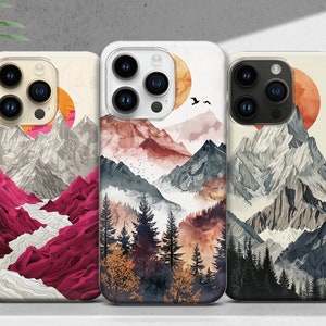 Mountain Phone Case Forest Scenery Abstract Cover for iPhone 16 15 14 13 12 11 XR Pro Max Plus, Samsung S25 S24 Ultra