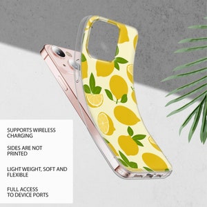 May include: A clear phone case with a lemon print design. The case is compatible with wireless charging and has full access to device ports. The case is light weight, soft and flexible.