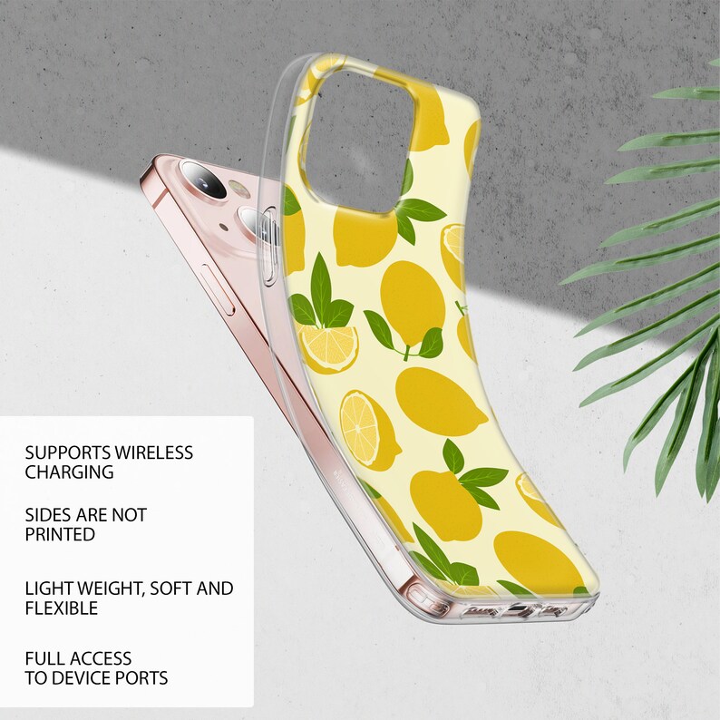 May include: A clear phone case with a lemon print design. The case is compatible with wireless charging and has full access to device ports. The case is light weight, soft and flexible.