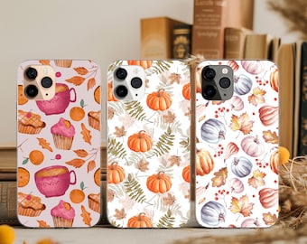 Autumn Phone Case with Pumpkins Pattern Fall Cover for iPhone 17 16 15 14 13 12 11 XR Pro Max Plus, Samsung Galaxy S26 S25 S24, Google Pixel
