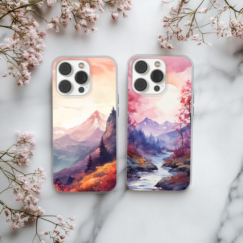 Mountain landscape phone case featuring scenic nature design with peaks, trees, and sky. Aesthetic and protective case for iPhone and Samsung. Ideal for outdoor lovers, hikers, and nature enthusiasts. Durable and stylish phone cover with mountain view artwork, perfect for those who love travel, adventure, and natural beauty.