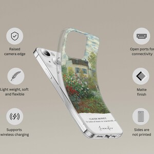May include: A clear phone case with a printed image of a painting by Claude Monet. The case has a matte finish and raised edges to protect the camera lens. It supports wireless charging and has open ports for connectivity. The sides of the case are not printed.
