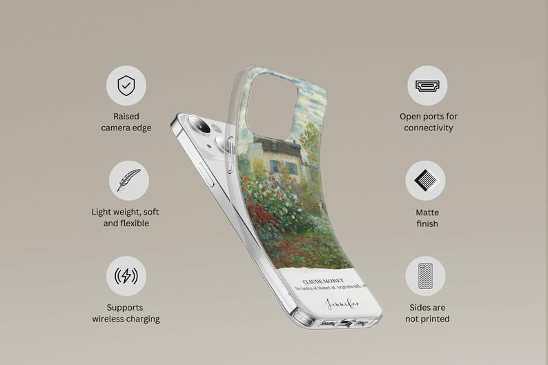 May include: A clear phone case with a printed image of a painting by Claude Monet. The case has a matte finish and raised edges to protect the camera lens. It supports wireless charging and has open ports for connectivity. The sides of the case are not printed.